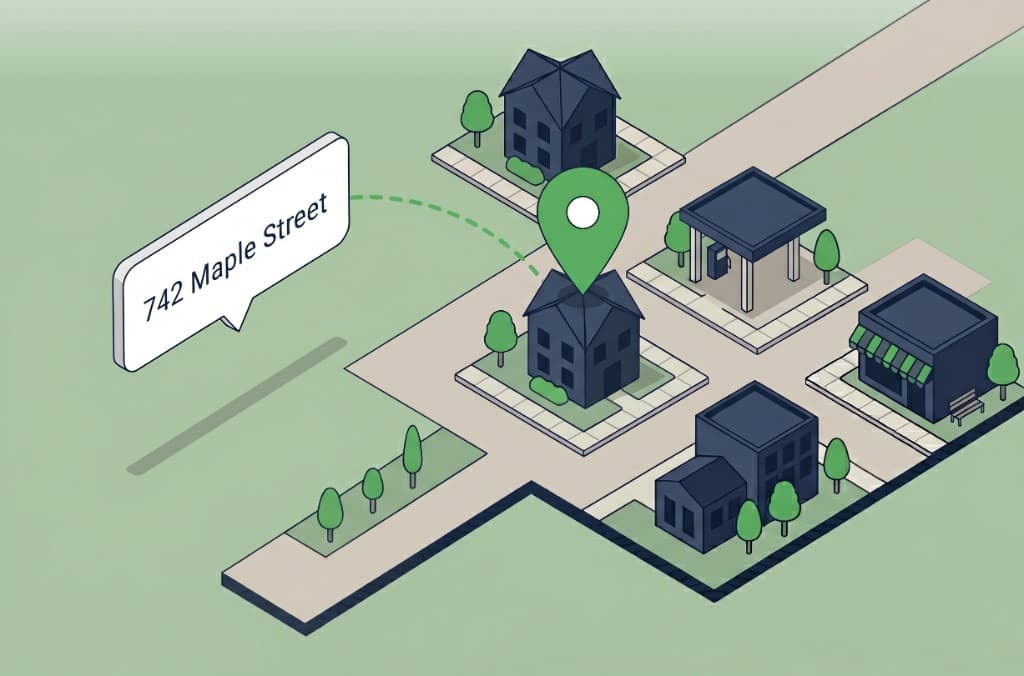 Address text resolving to a pinned location on an isometric city block