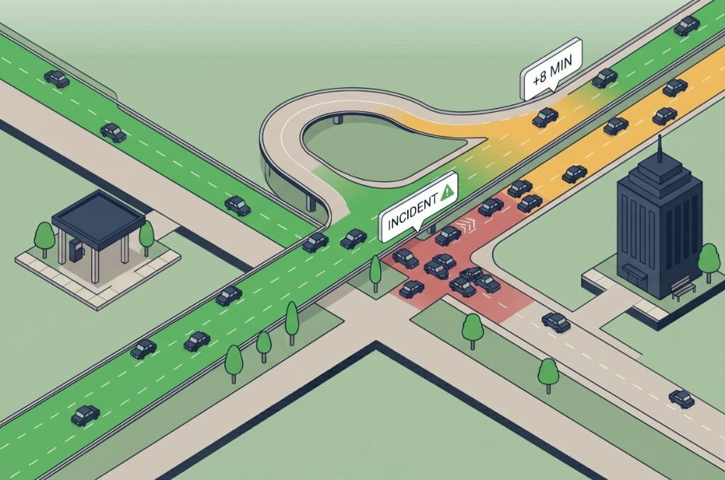 Live traffic incident and congestion overlay on an isometric highway interchange