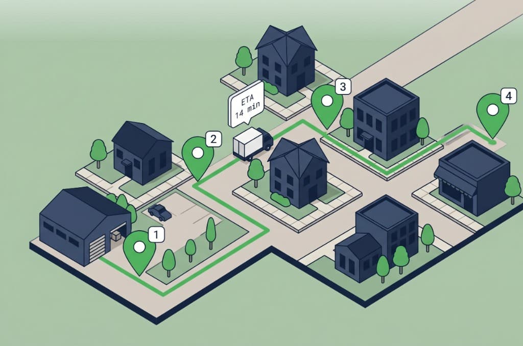 Optimized multi-stop route through an isometric neighborhood with numbered map pins