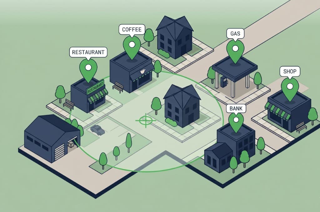 Nearby places search results around an isometric neighborhood with labeled POI pins