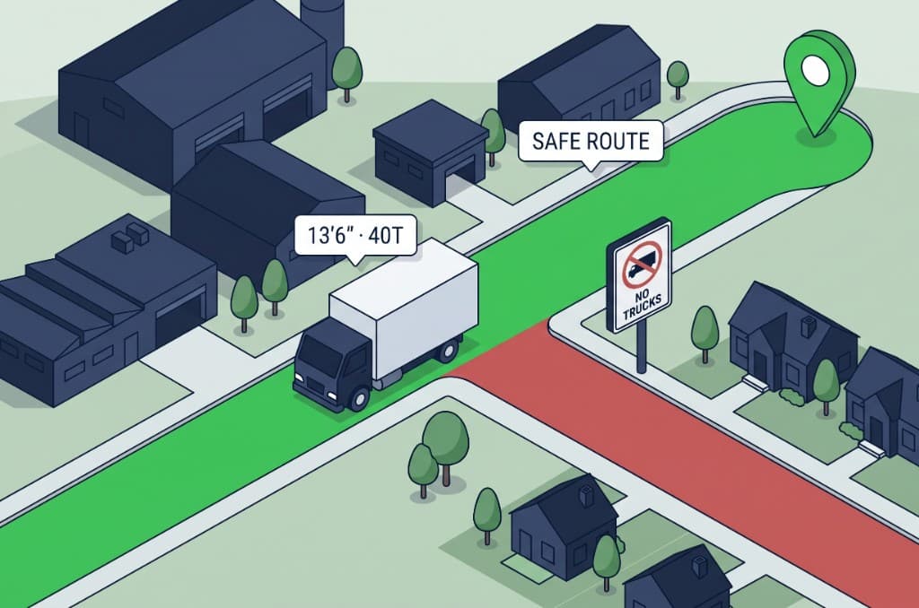 Truck-safe route avoiding a restricted road with vehicle height and weight callouts