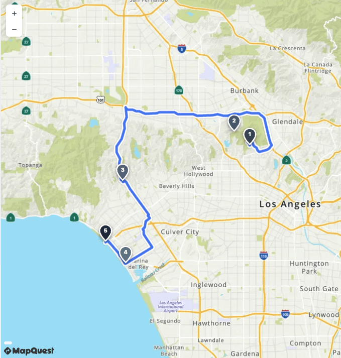 Rendered MapQuest route map in the browser