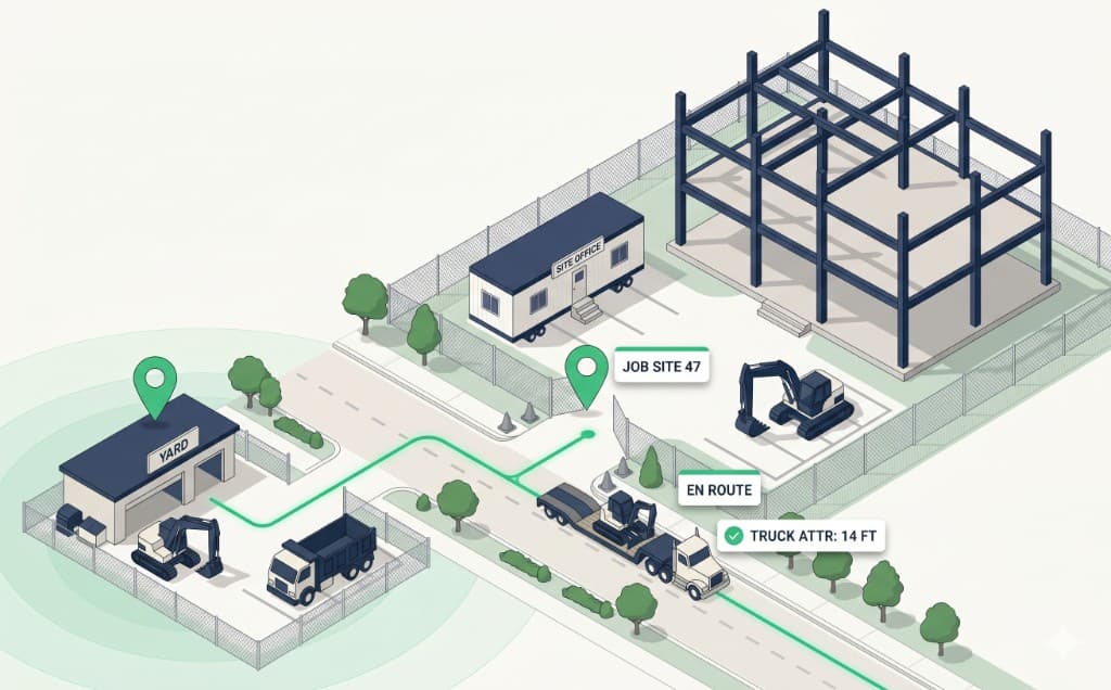 Isometric illustration of an active construction site, contractor's yard, and a lowboy truck on a route to the site gate, with job-site and truck-attribute UI chips.