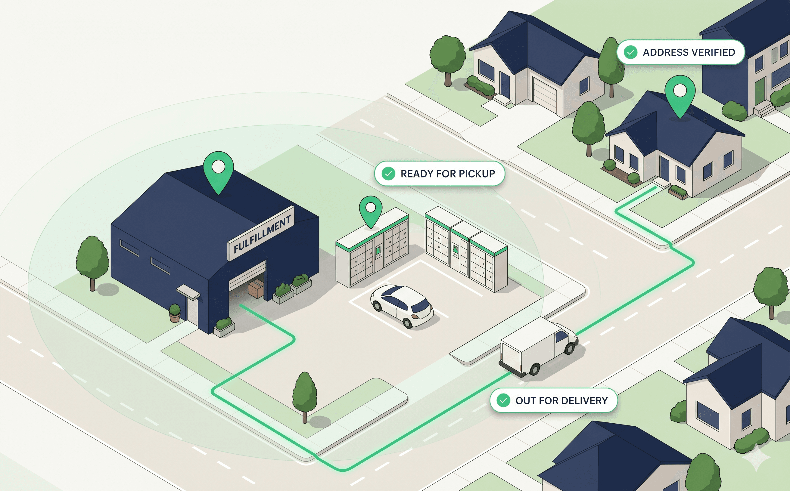 Isometric illustration of a fulfillment hub, a pickup-locker bank, a customer car at the lockers, and a delivery van on a route to a residential home with checkout and delivery UI chips.