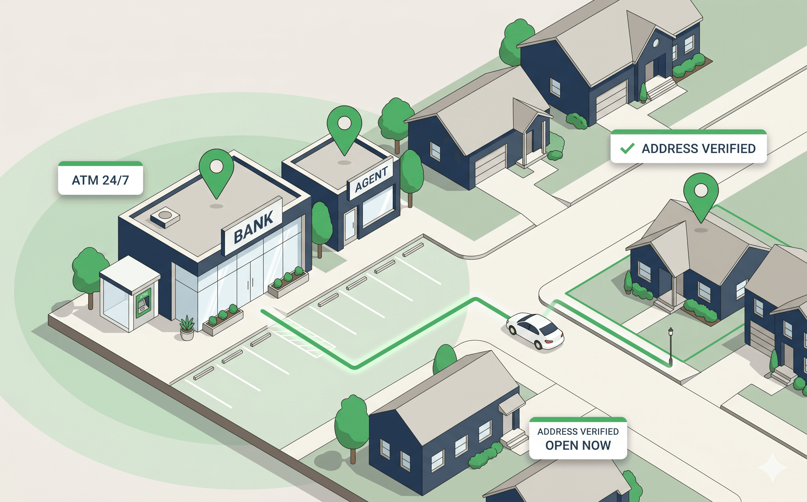 Isometric illustration of a bank branch and insurance agent storefront on a corner across from a residential block, with a route line to a verified property and locator UI chips.