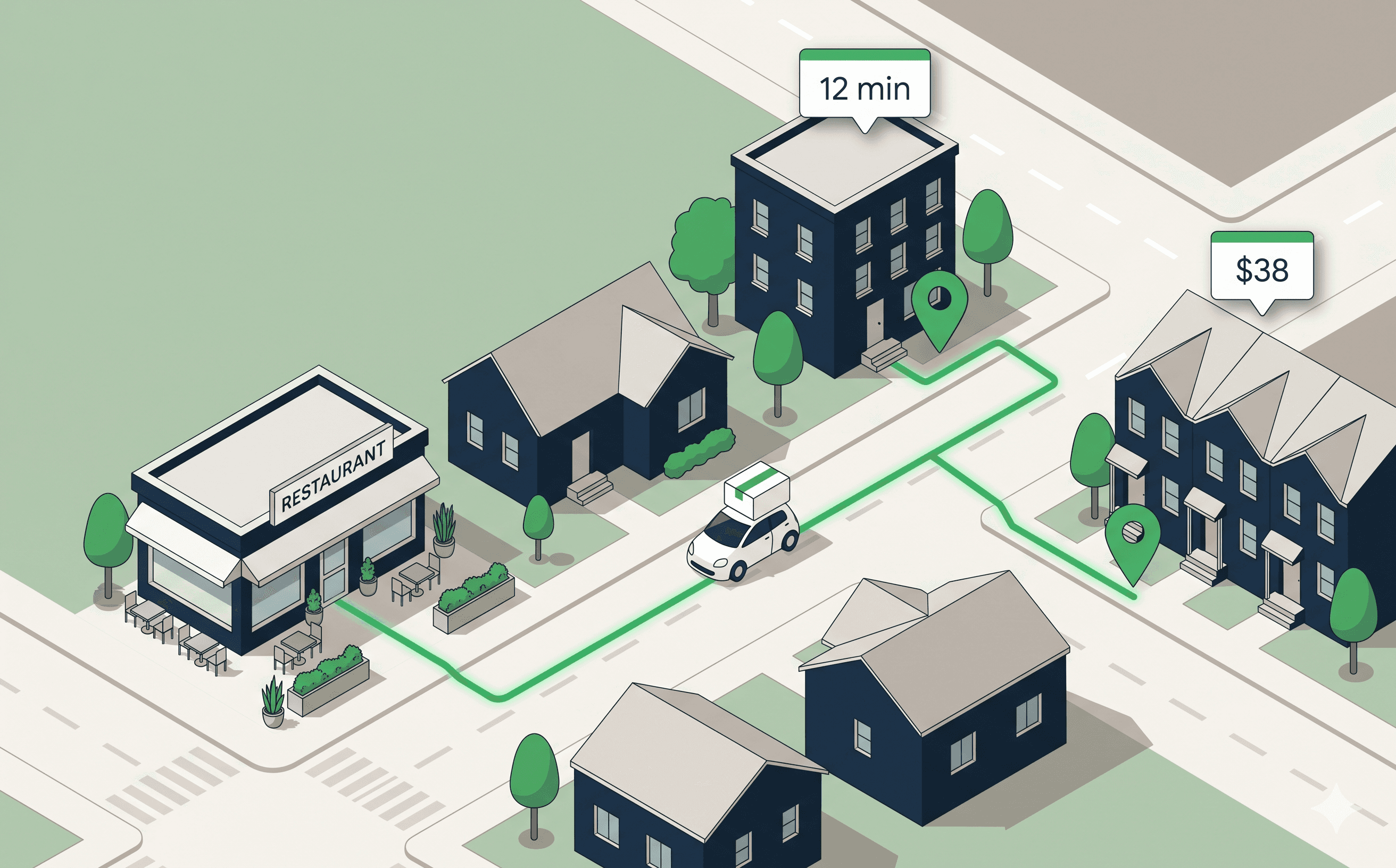 Isometric illustration of a restaurant storefront with a delivery car on a route to two residential customer destinations, with floating ETA and order-value chips.