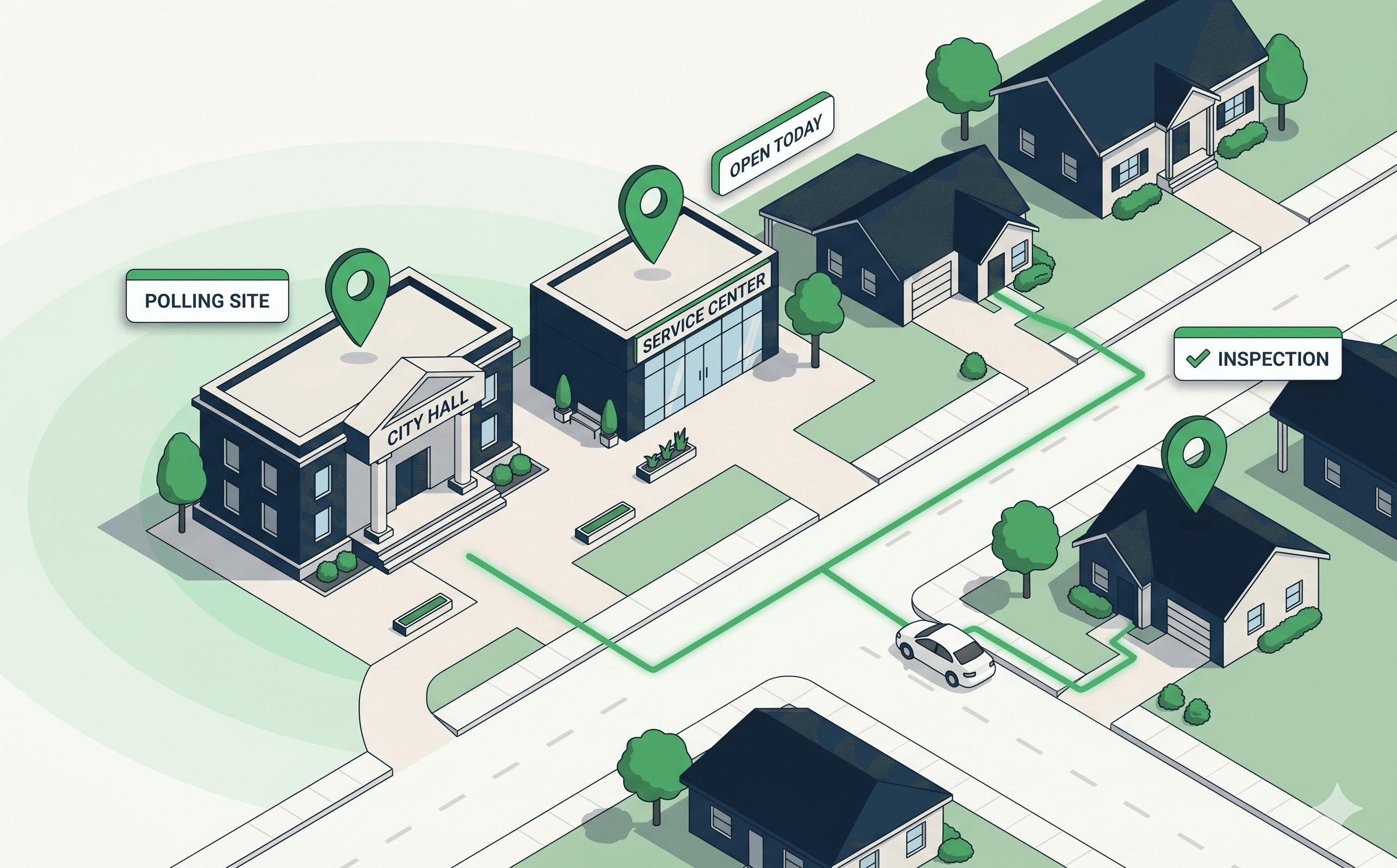 Isometric illustration of a city hall and service center across from a residential block, with a municipal vehicle on a route to a property inspection and locator UI chips.