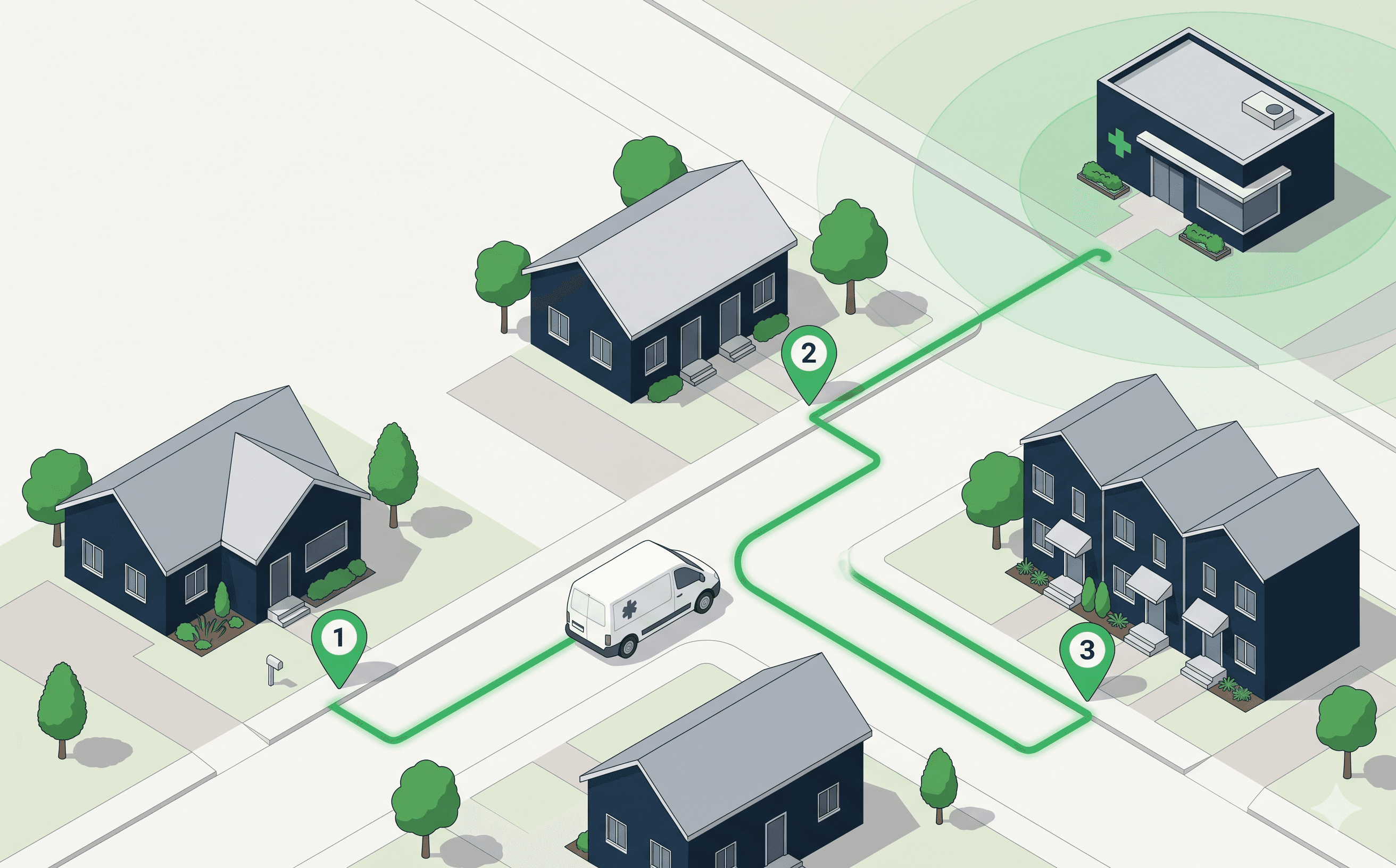 Isometric illustration of a home-health van on a multi-stop residential route with a clinic service-area overlay.