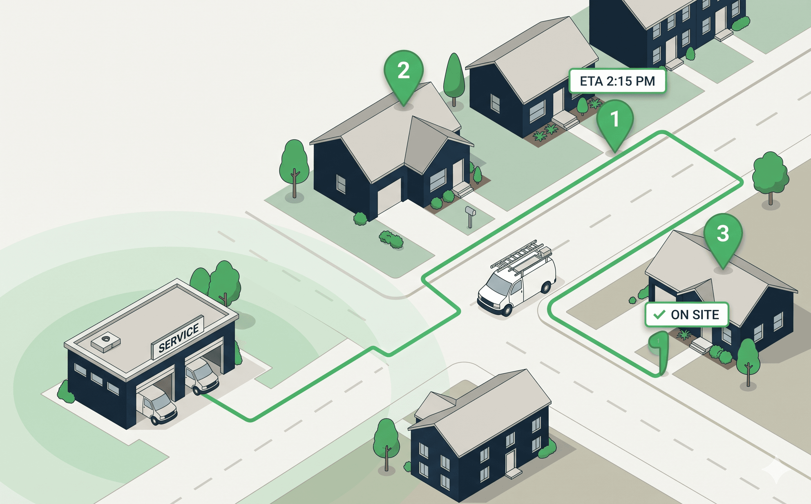 Isometric illustration of a service depot and a ladder-rack service van on a multi-stop residential route, with ETA chips and a service-area overlay.