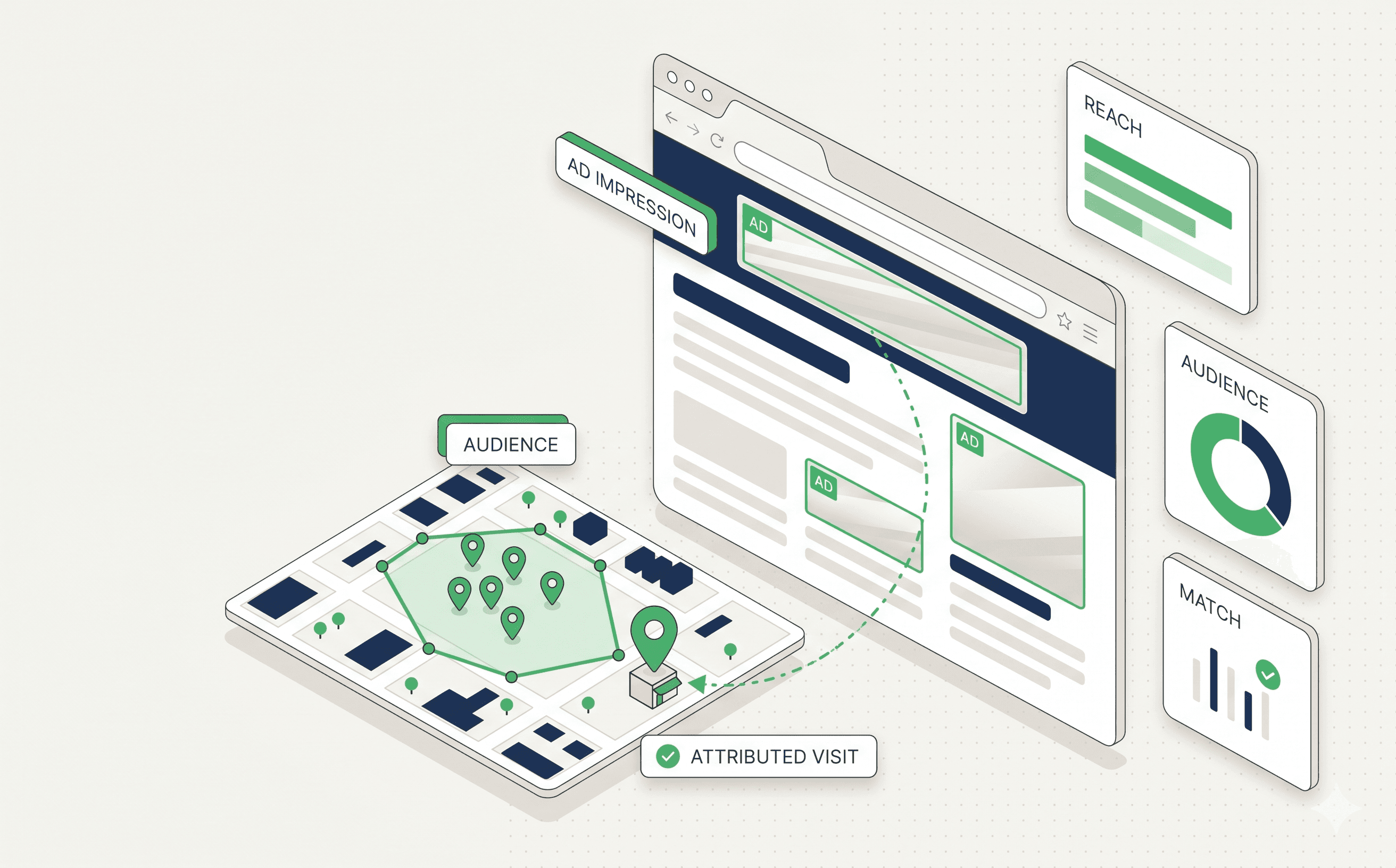 Isometric illustration of a digital billboard surrounded by a brand-green geo-fence polygon with audience pins inside and a dotted attribution path to a nearby store, with geo-fencing and attribution UI chips.