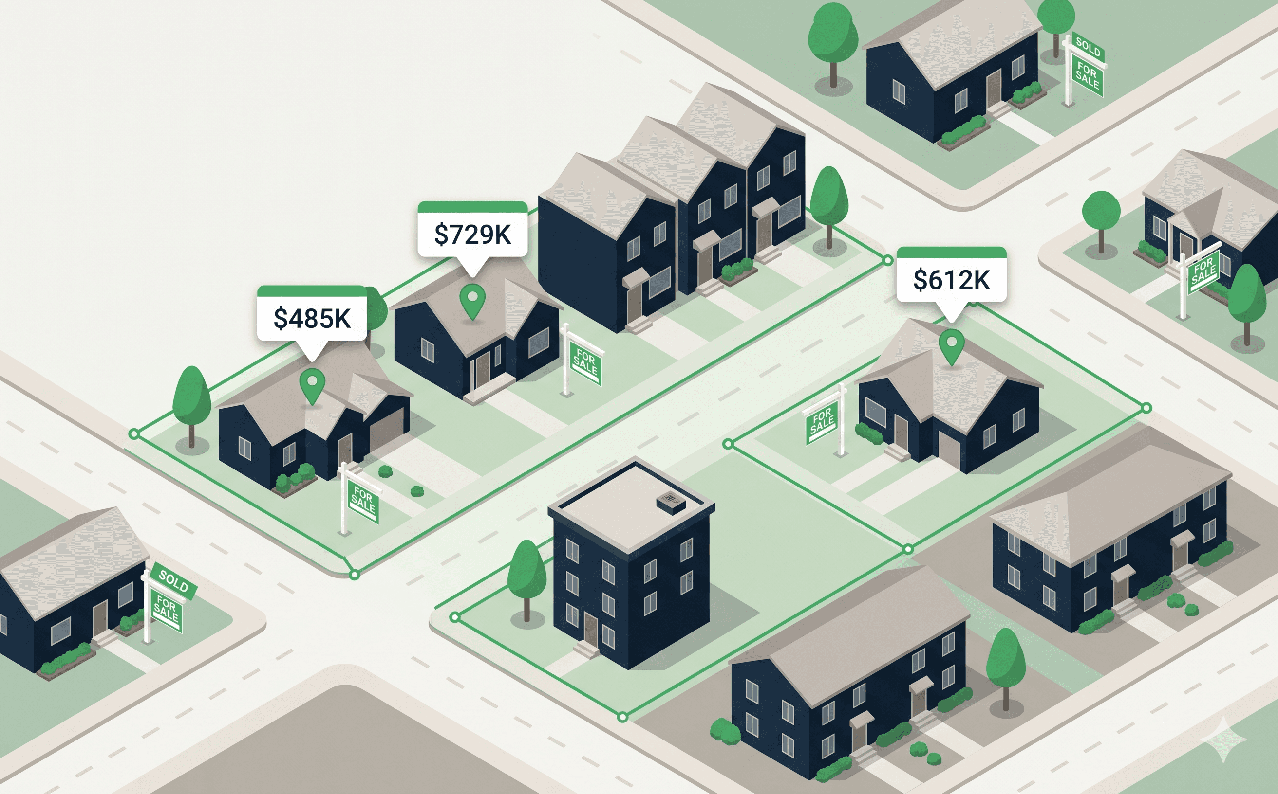 Isometric illustration of a residential neighborhood with a polygon-drawn search area and three highlighted listing pins on a tour route.