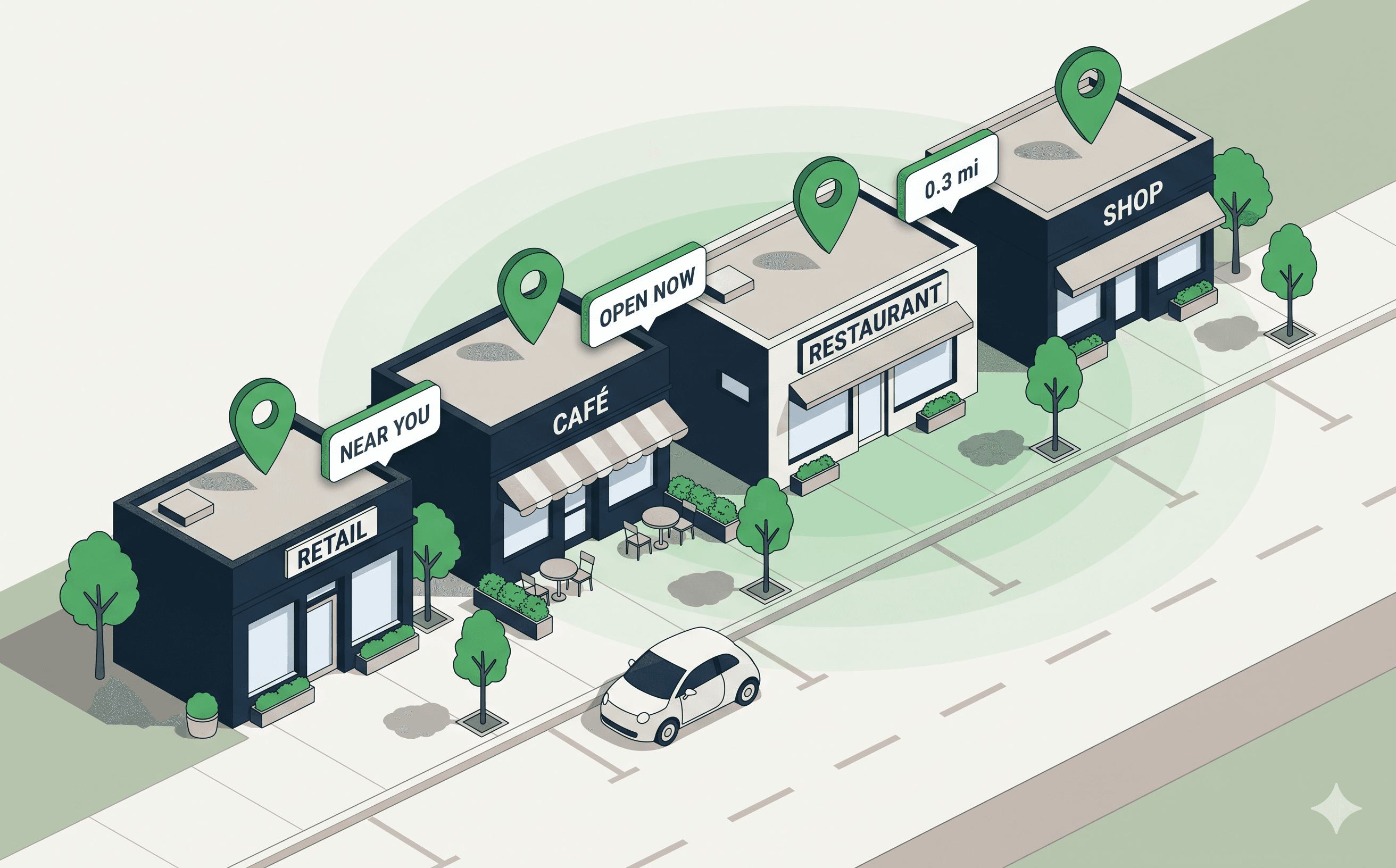 Isometric illustration of a commercial main-street block with multiple storefronts, branded map pins, store-locator UI chips, and a trade-area overlay.