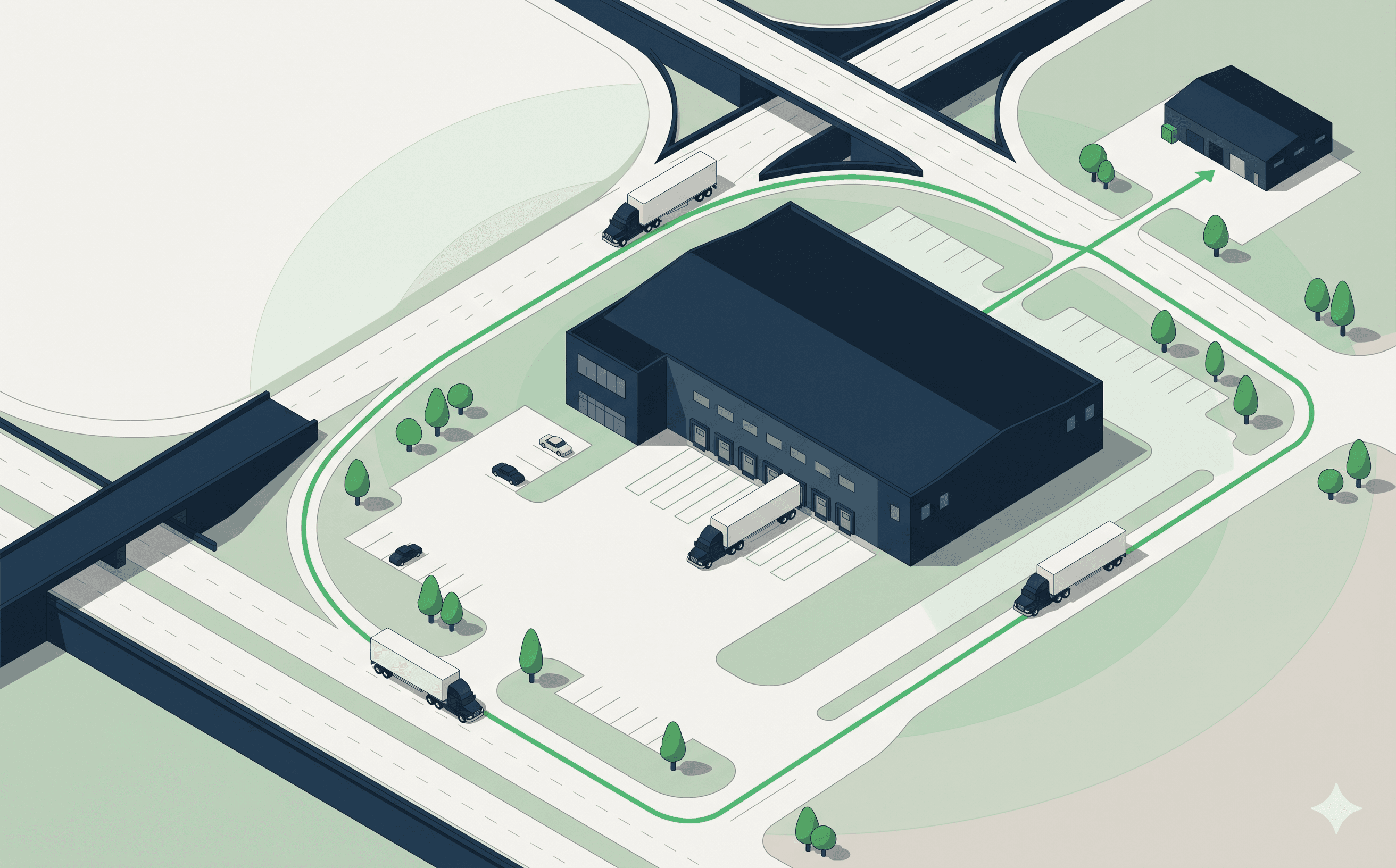 Isometric illustration of a distribution center with inbound and outbound truck routes and a service-area overlay.