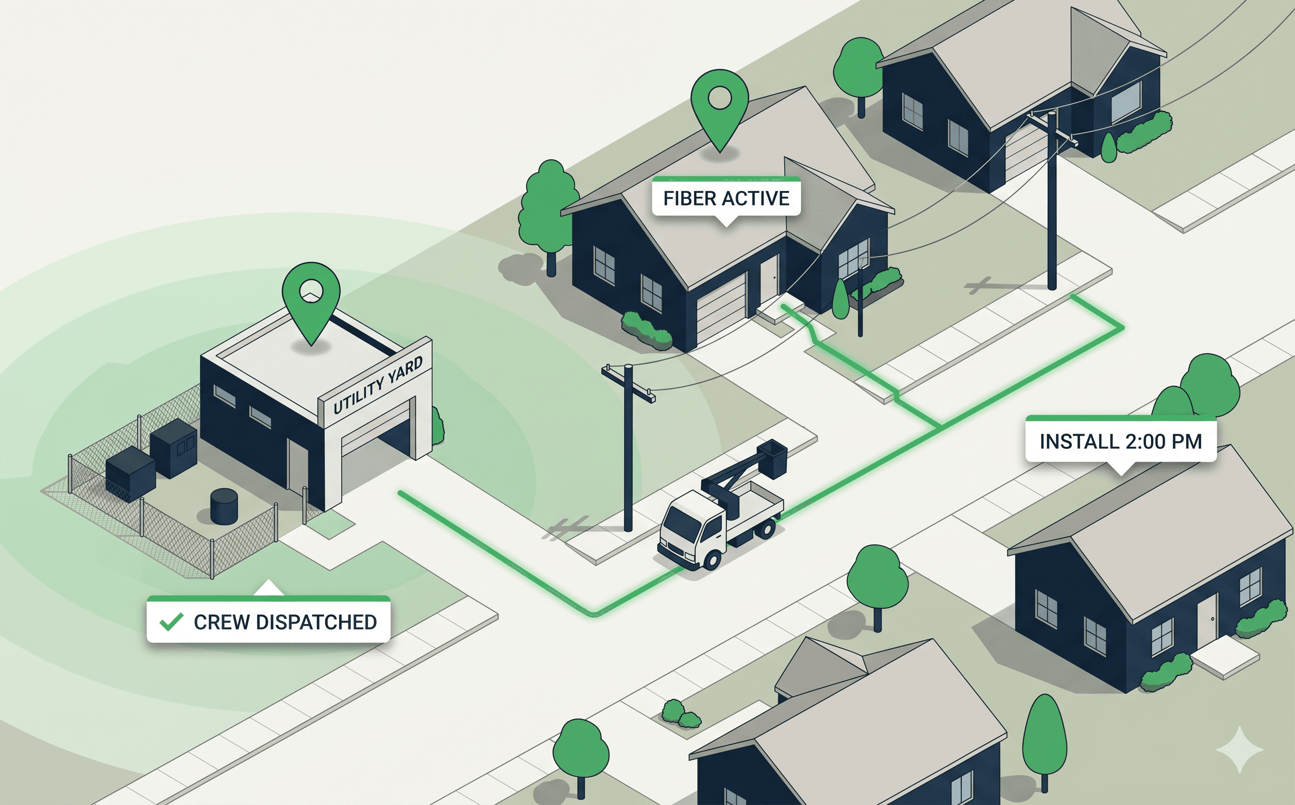 Isometric illustration of a residential block with a utility yard, utility poles, a bucket truck on a route to a focal home, and serviceability and dispatch UI chips.