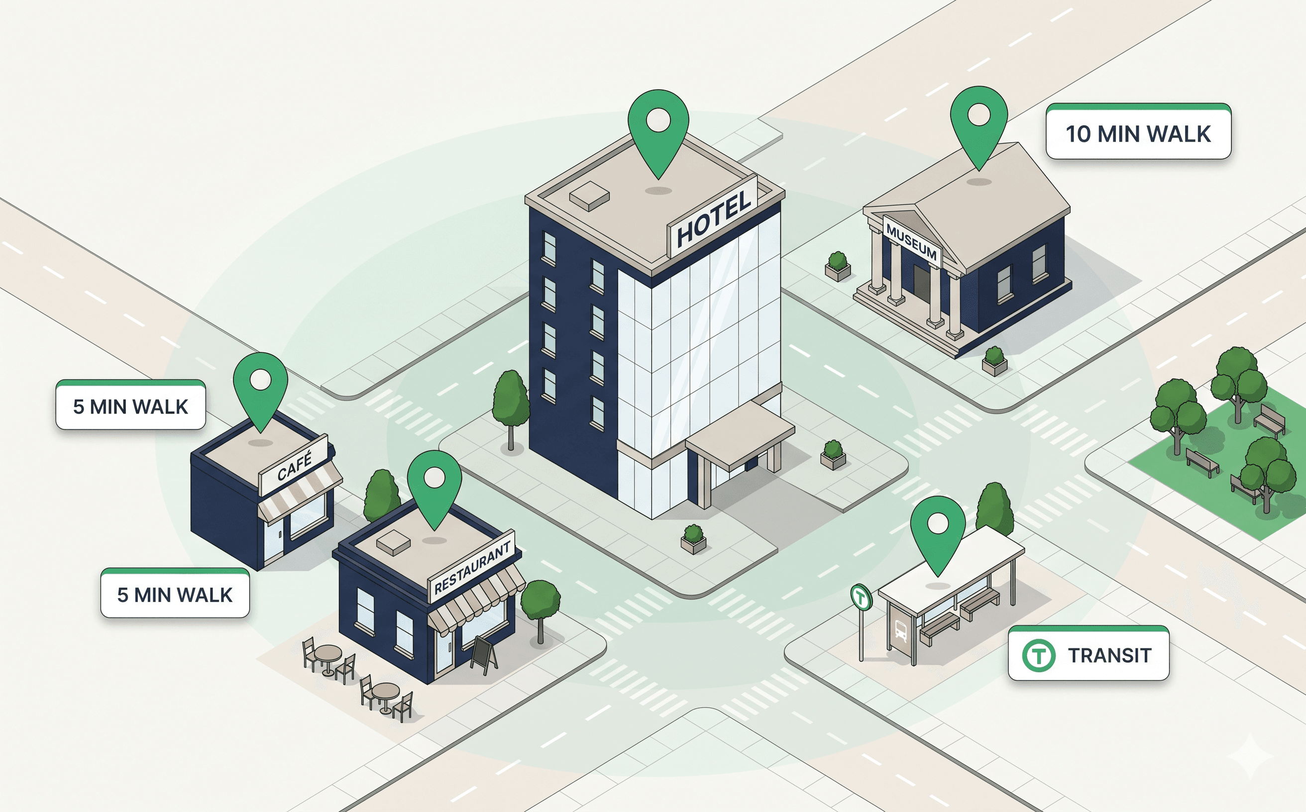 Isometric illustration of a hotel surrounded by walkable points of interest, museum, restaurant, café, transit stop, with walking-time chips and a walkability overlay.