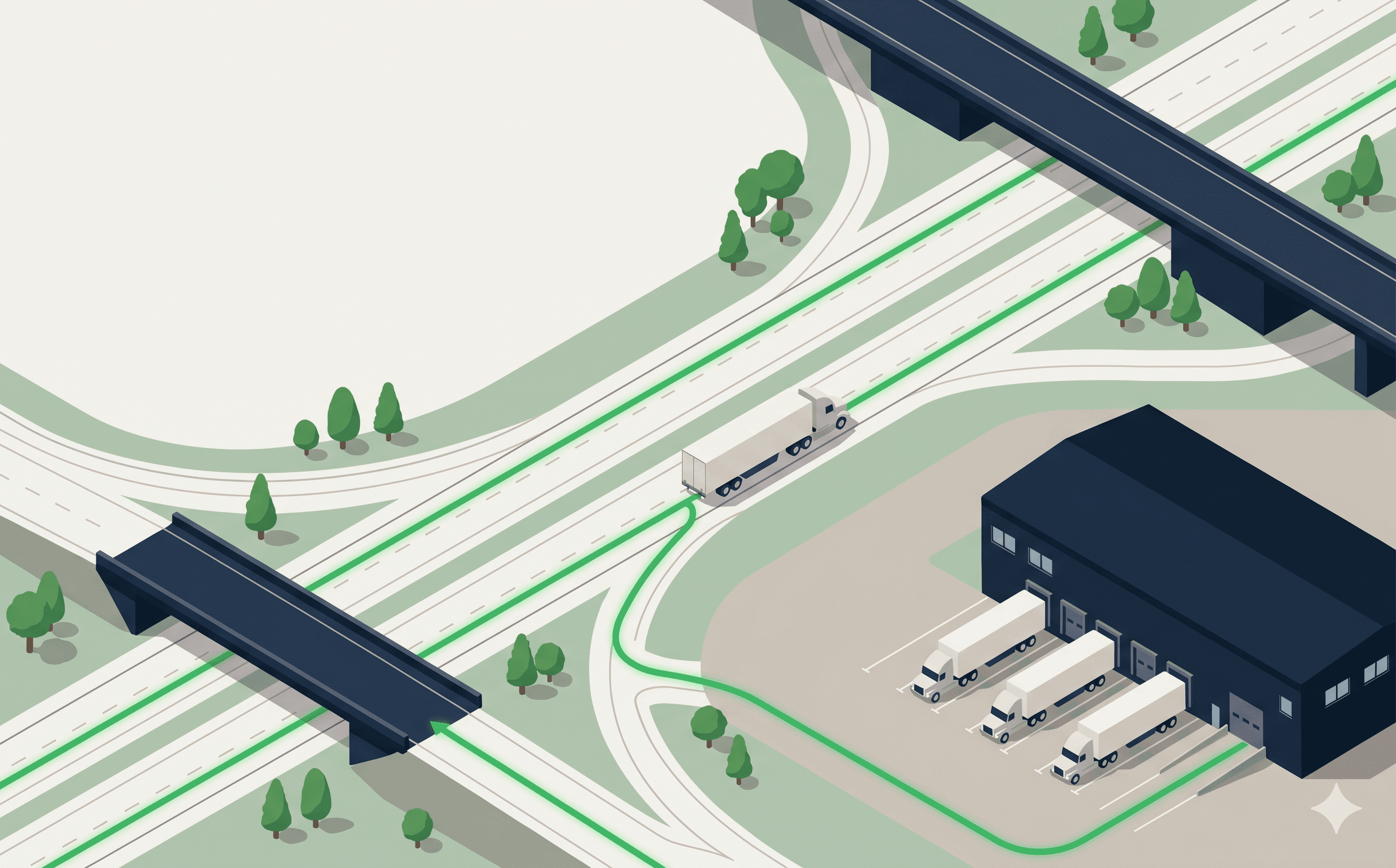 Isometric illustration of a long-haul truck on an interstate route to a distribution center.
