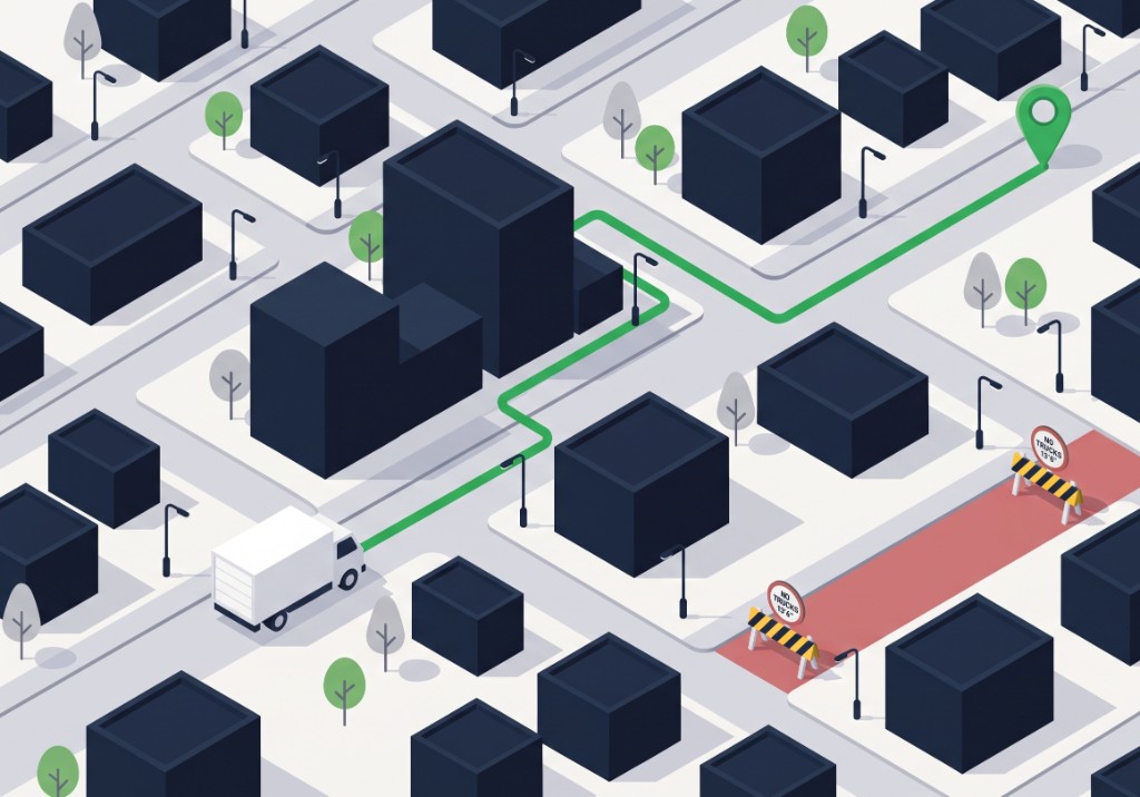Truck-safe route map preview showing a delivery truck avoiding restricted roads.